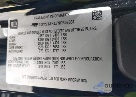 2022 Cadillac Escalade 2Wd Luxury z USA, uszkodzony, nr VIN 1GYS3AKL7NR353331